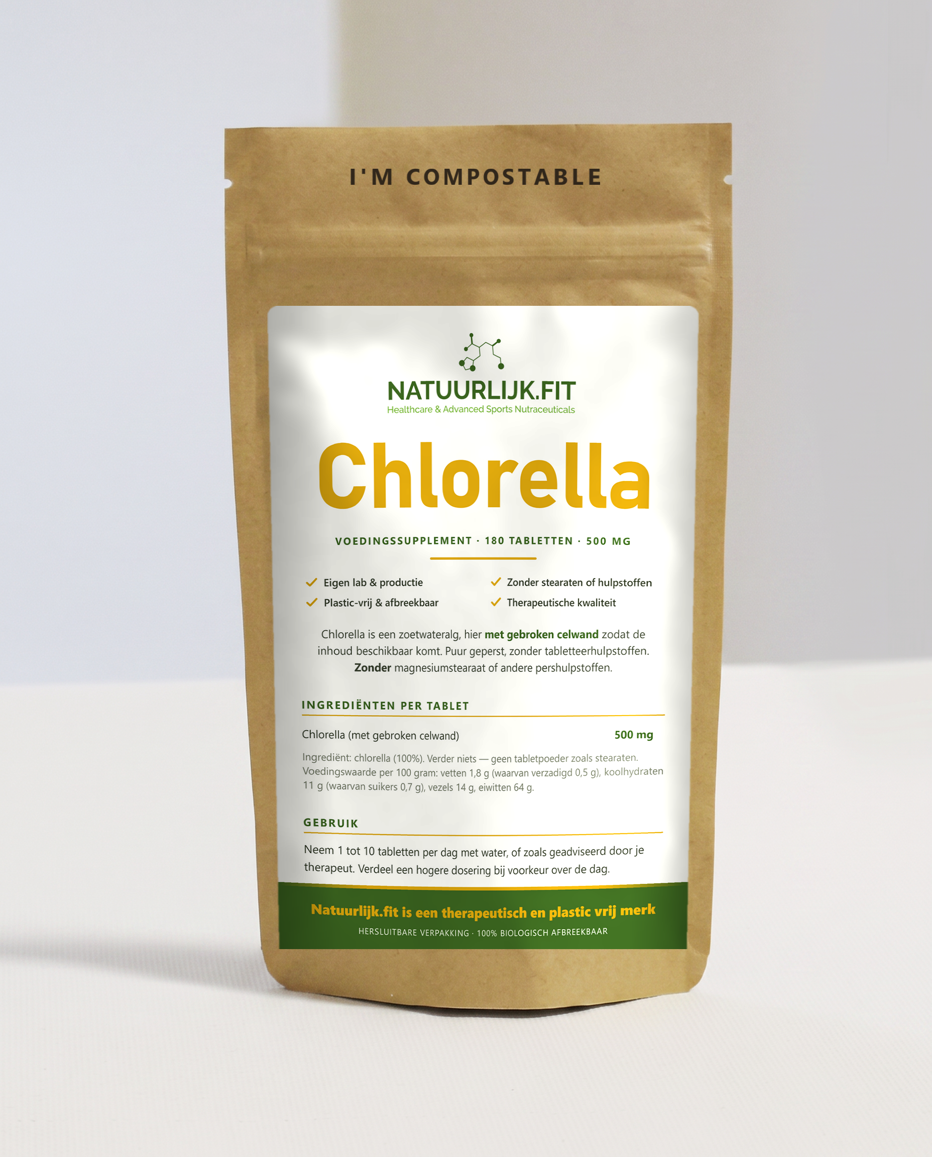 Chlorella 180 Tabletten in composteerbare kraft stazak