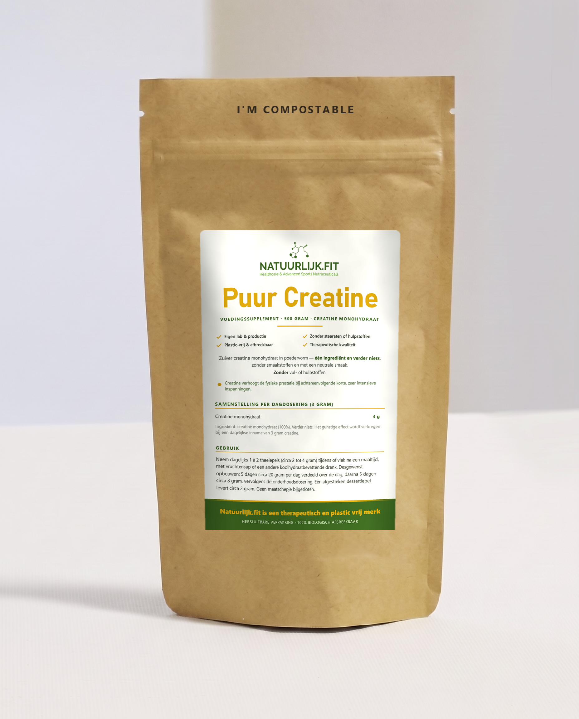 Creatine Puur 500 gram in composteerbare kraft stazak
