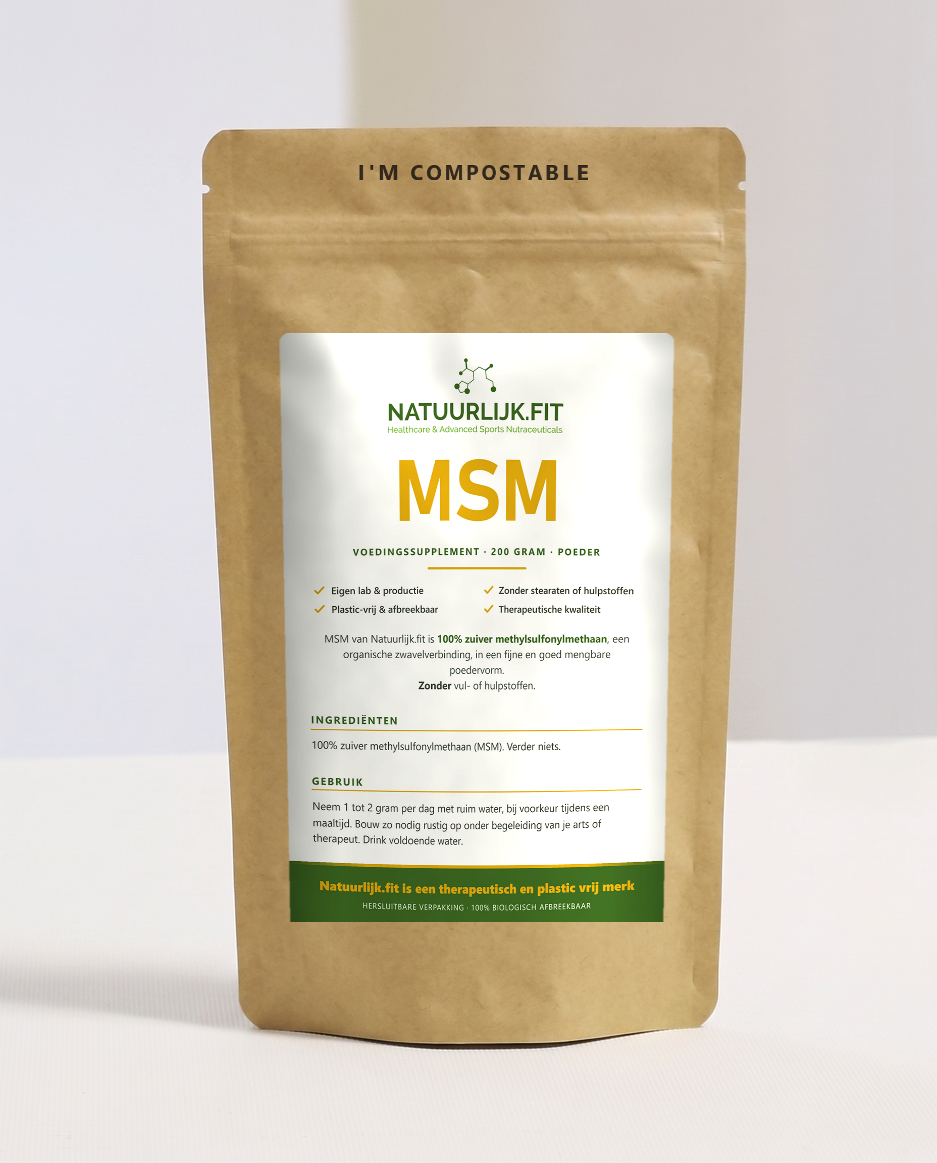 Pure MSM poeder 450 gram in composteerbare kraft stazak
