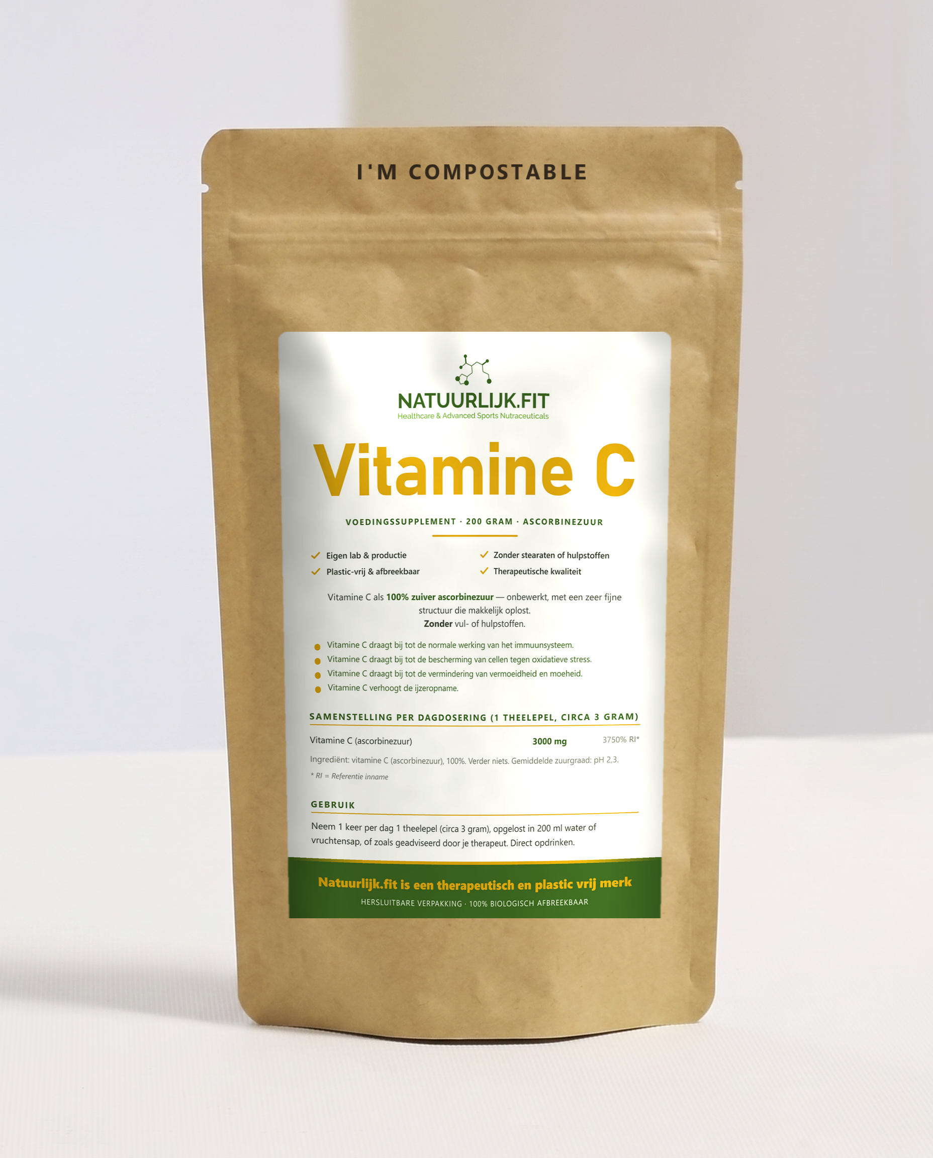 Vitamine C poeder Ascorbinezuur in composteerbare kraft stazak