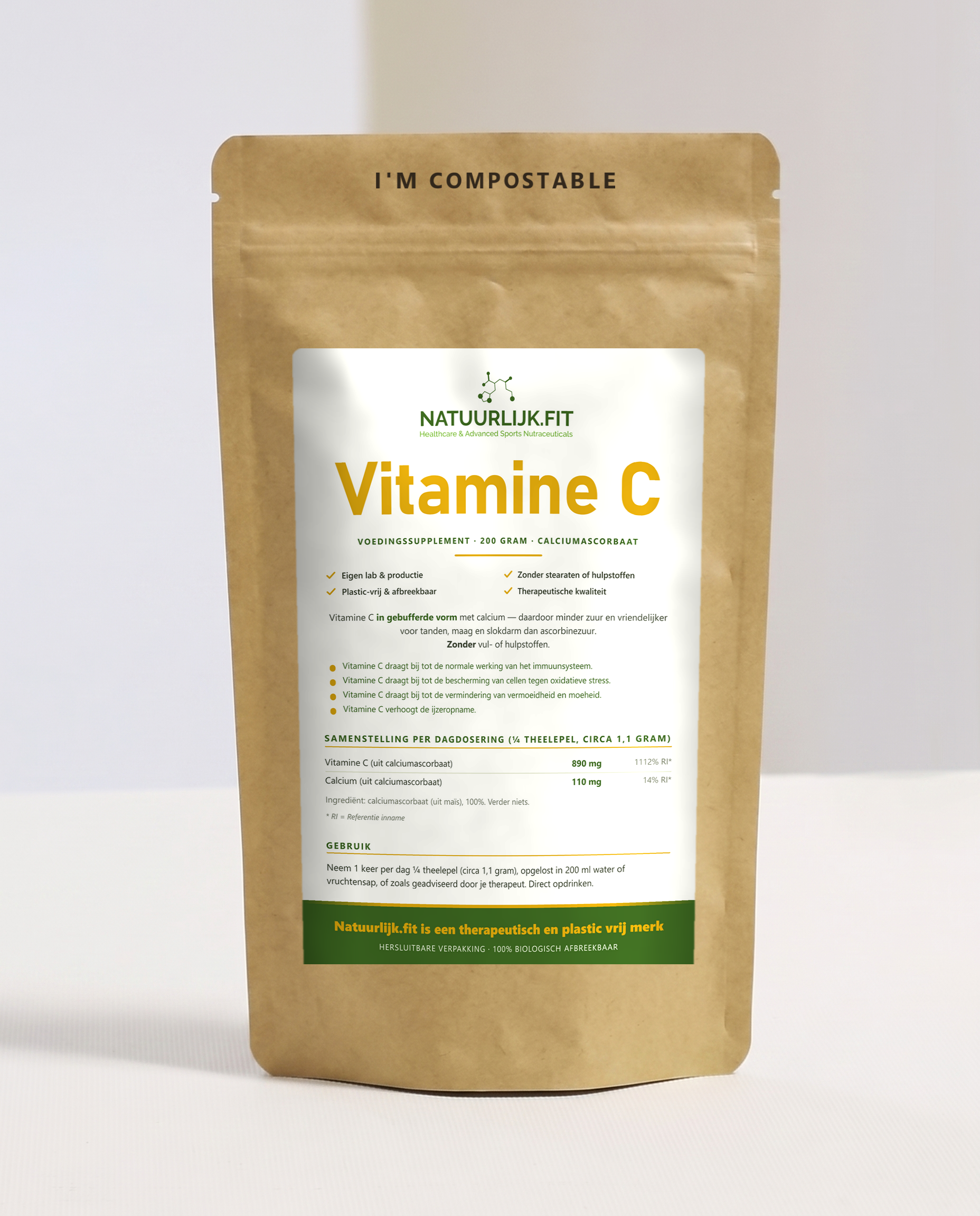 Vitamine C poeder calciumascorbaat in composteerbare kraft stazak