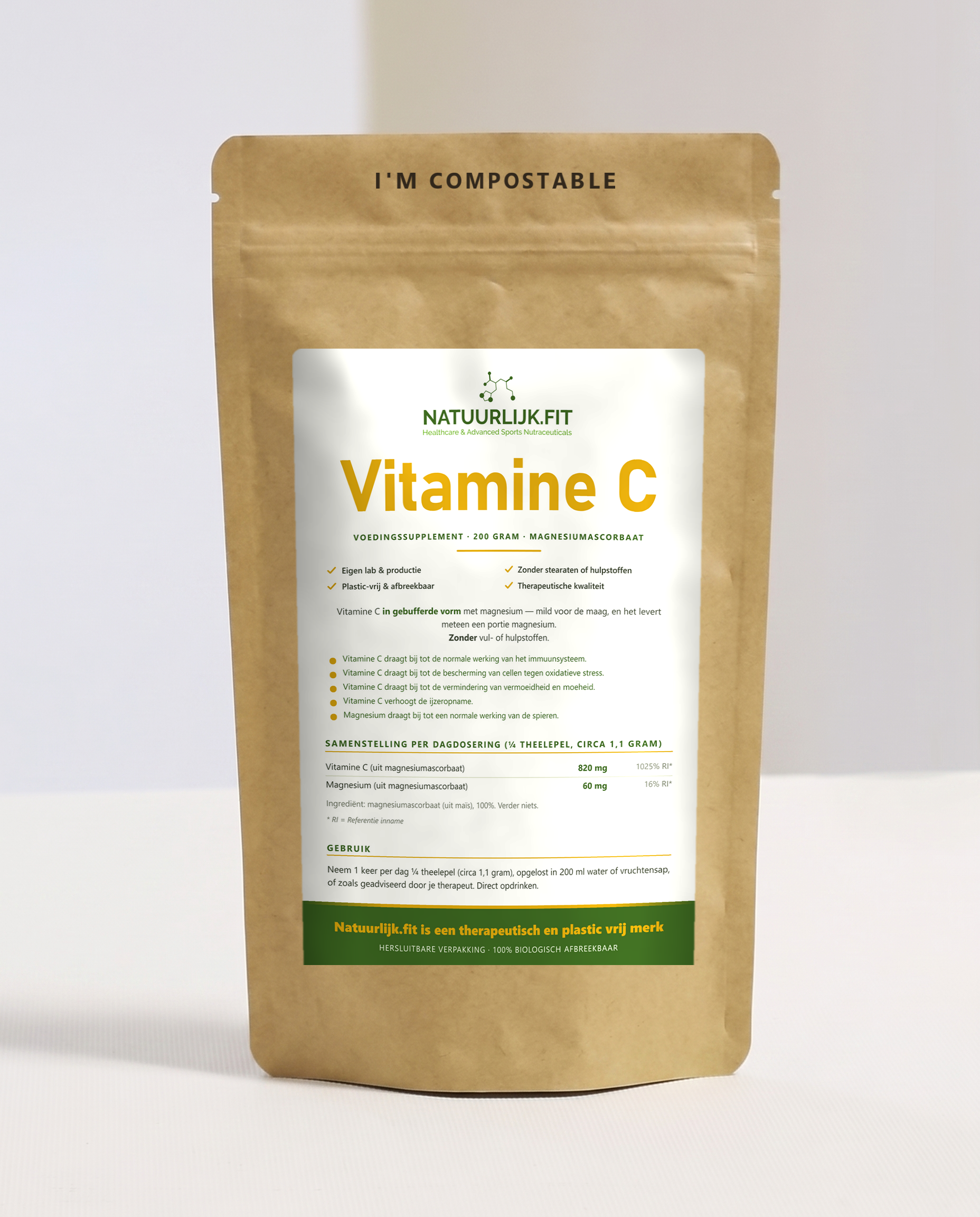 Vitamine C poeder magnesiumascorbaat in composteerbare kraft stazak